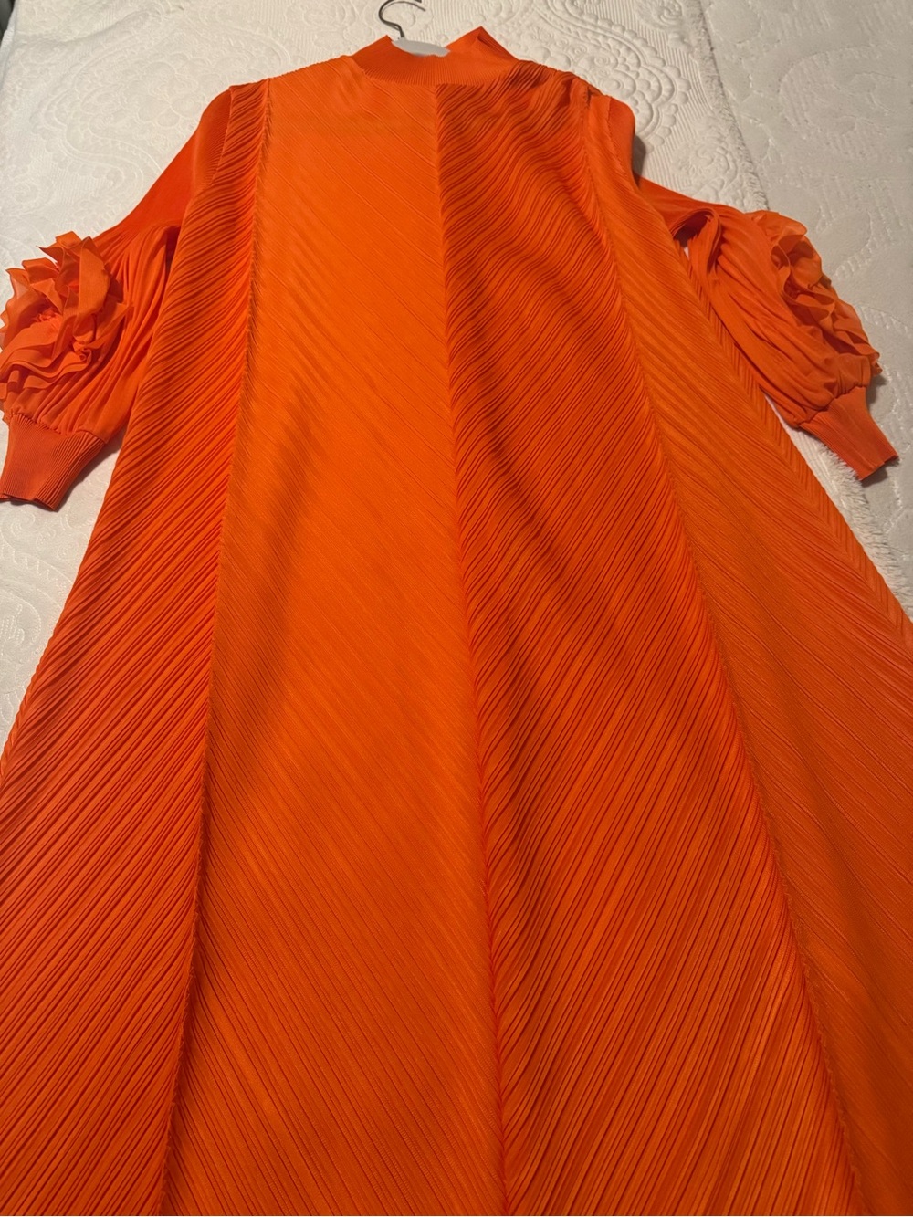 Orange Pleated Maxi Dress with Ruffled Sleeves